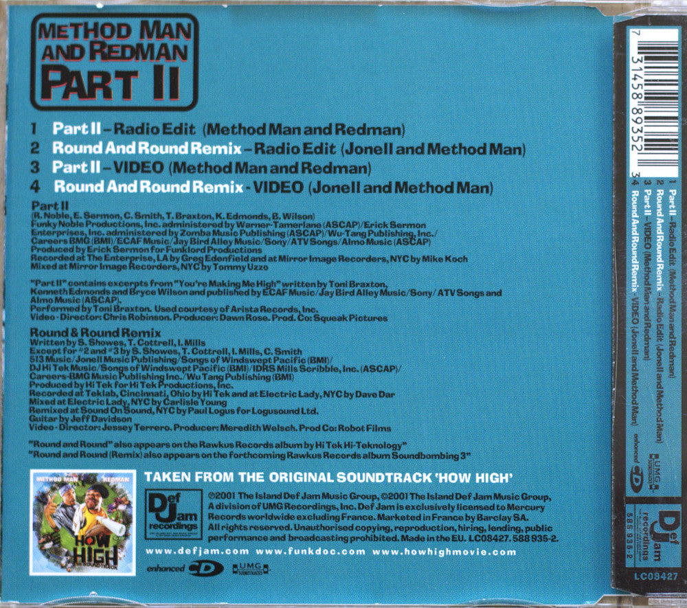 The back cover of a blue CD case for 'Method Man and Redman Part II' from the soundtrack 'How High', showing track listings, credits, and the CD spine on a light gray background.