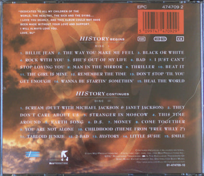 The back cover of a music CD case for Michael Jackson's 'History Begins', showing track listings for both discs, a barcode with EPC 4747092, and the SONY logo at the bottom.