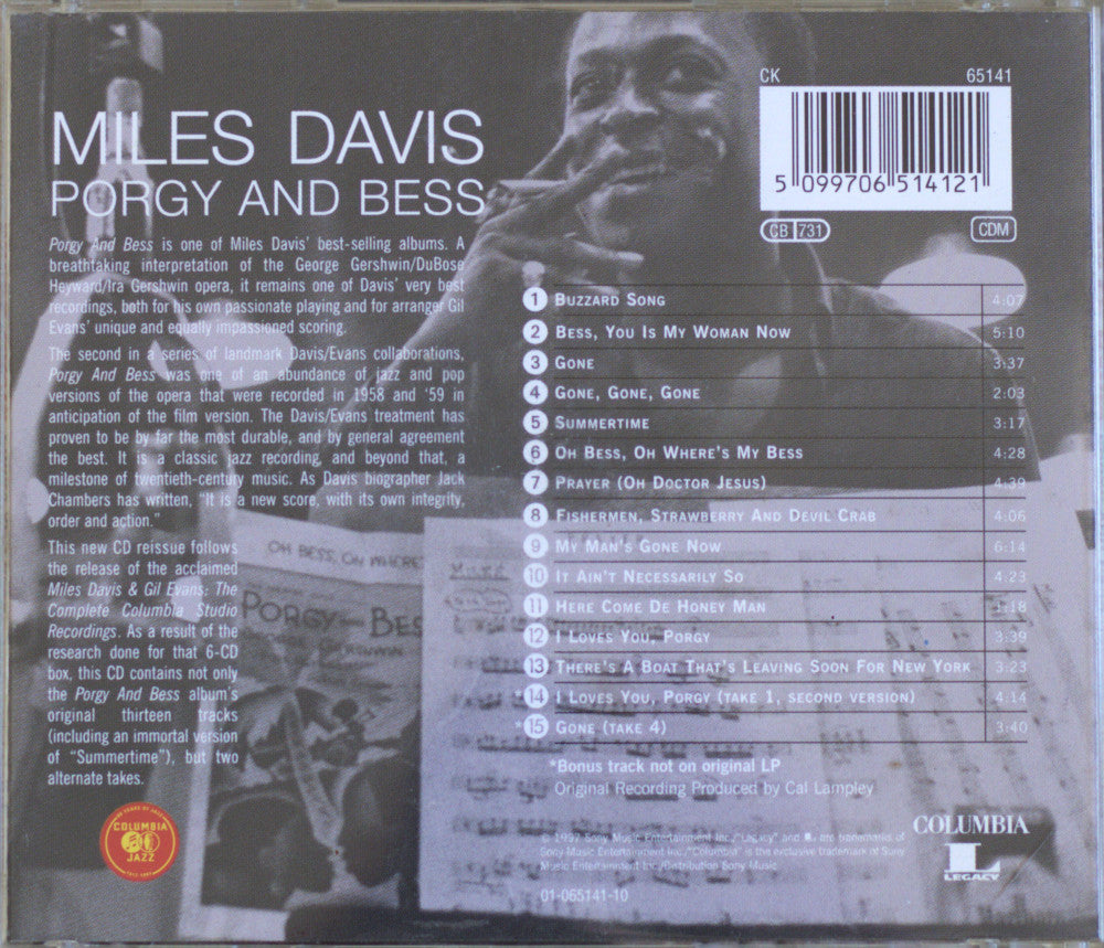 The back cover of the Miles Davis 'Porgy and Bess' CD, showing track listings, credits, and a grayscale photo of Miles Davis and Bessie Smith.