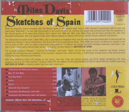 The back cover of the Columbia Records CD release 'Sketches of Spain' by Miles Davis, featuring tracklist text, barcode, and album artwork.