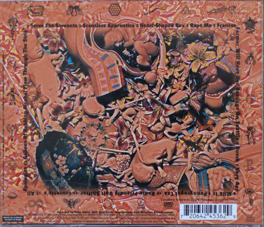 The back cover of the cd of Nirvana In Utero album. The artwork is a highly detailed, psychedelic collage in warm terracotta, orange, and brown tones, featuring the text of the tracklist and a barcode at the bottom right.