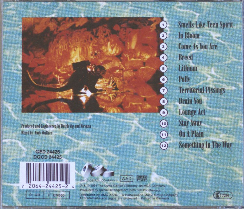 The back cover of a CD album titled 'In Bloom' by the band Dog Days, featuring a light blue water-textured background, a central artwork of a couple embracing in a fiery scene, a tracklist on the right, and a barcode on the bottom left.