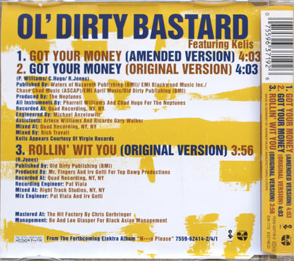 The back cover of a CD album for 'Oh Dirty Bastard' featuring Kelis, showing track listings, artist credits, and a barcode on a yellow and white background.