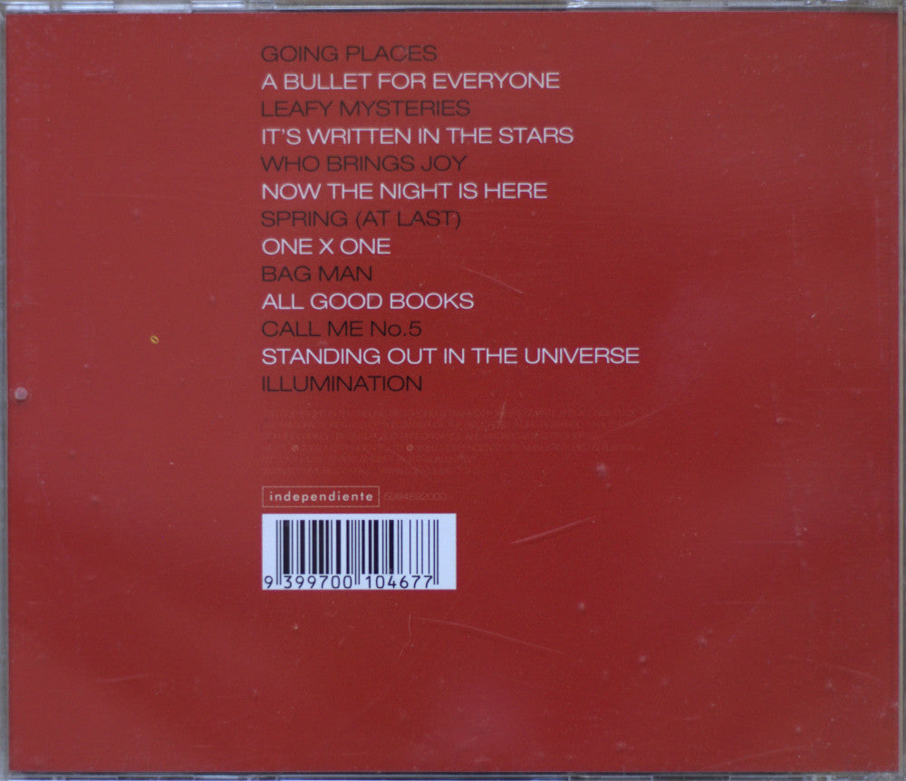 The back cover of a CD album with a textured dark red background, featuring the tracklist in white text and a barcode with the label 'independiente' near the bottom.