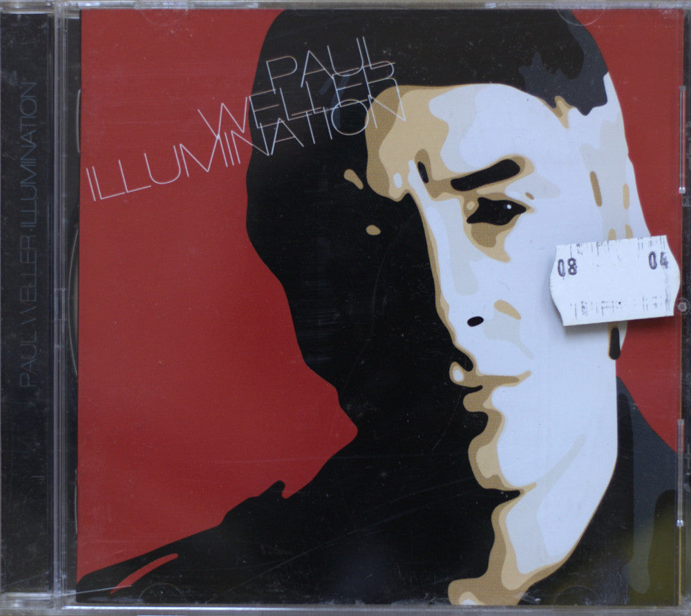CD album cover for Paul Welder's 'Illumination', featuring a stylized graphic portrait of a man in profile against a red background, photographed inside a clear jewel case.