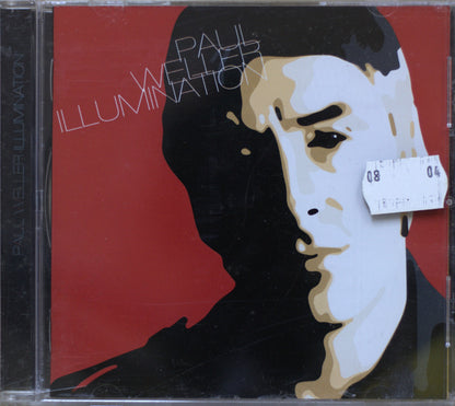 CD album cover for Paul Welder's 'Illumination', featuring a stylized graphic portrait of a man in profile against a red background, photographed inside a clear jewel case.