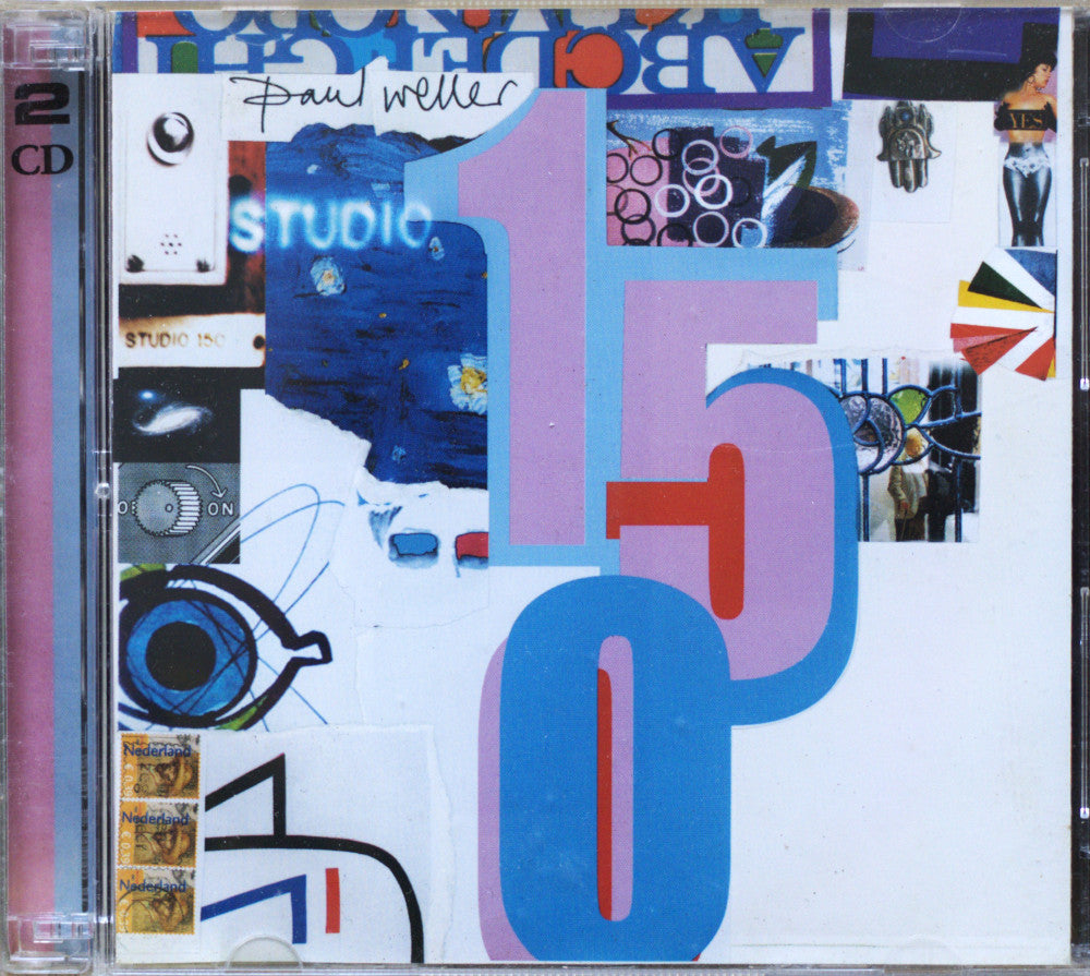 CD cover for Paul Weller's album '150', featuring a collage-style graphic design with large pastel blue and pink numbers, abstract artwork, and text on a white background.