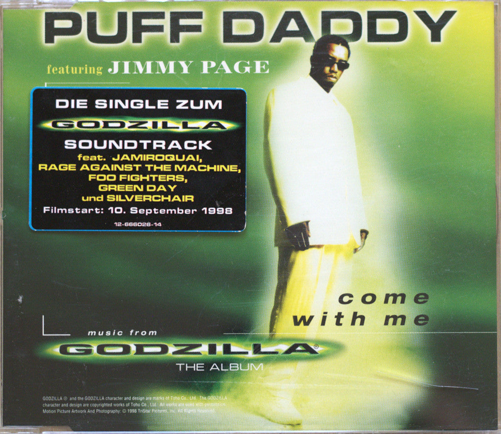CD cover for Puff Daddy featuring Jimmy Page's Godzilla soundtrack album, with a green gradient background, a photo of Jimmy Page in a white suit, and a black text box containing track information.