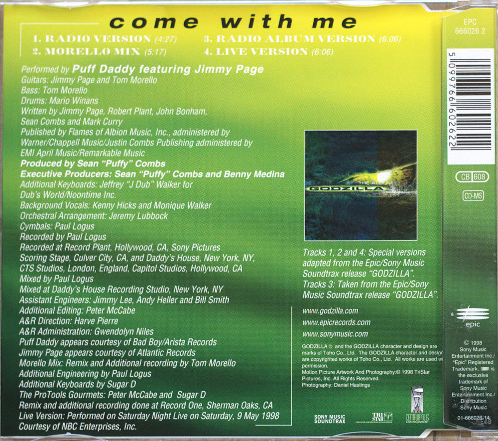 The back cover of a CD album for 'Come With Me' by Puff Daddy featuring Jimmy Page and Jimmy Jam, showing tracklist, credits, barcode, and catalog information on a green-to-yellow gradient background.