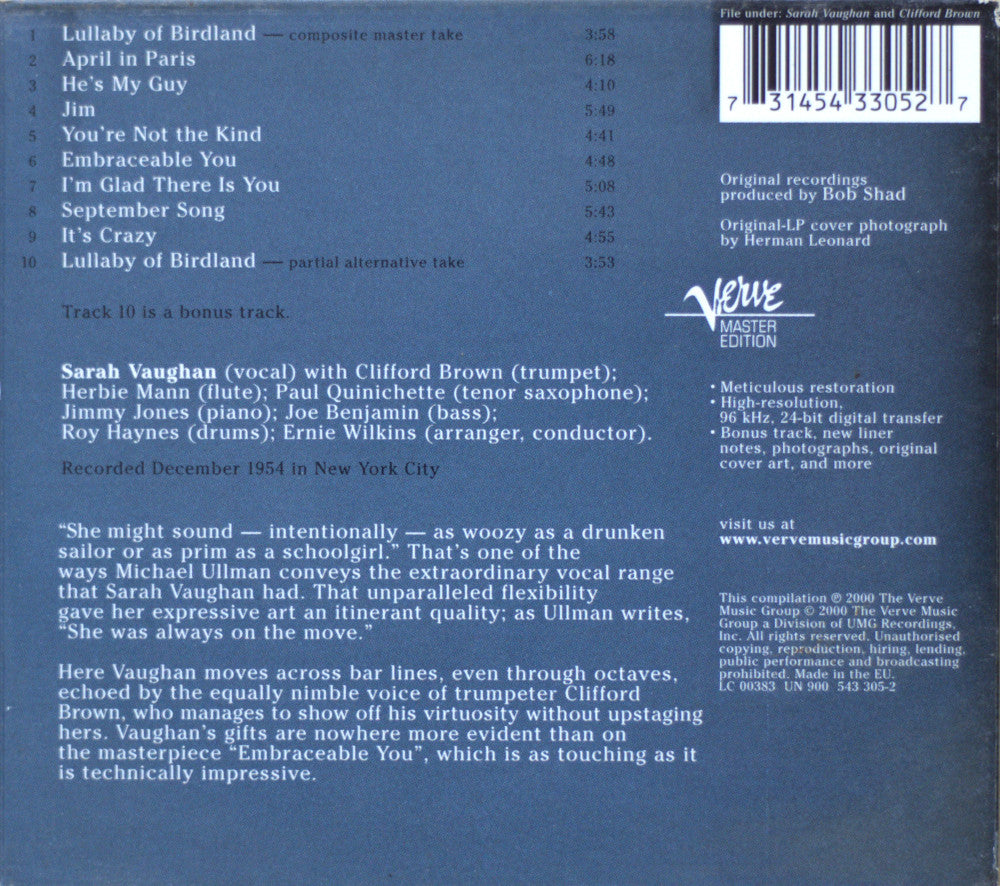 Back cover of the Sarah Vaughan CD release, featuring track listings, artist credits, a barcode, and a dark blue textured background.