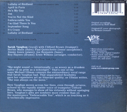 Back cover of the Sarah Vaughan CD release, featuring track listings, artist credits, a barcode, and a dark blue textured background.
