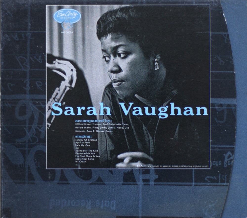 Sarah Vaughan album cover with a dark blue background, a black-and-white portrait of the performer, and light blue text reading 'Sarah Vaughan'.