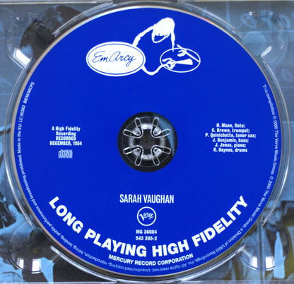 A blue cd for Sarah Vaughan's album on Mercury Records, photographed inside a clear plastic jewel case.