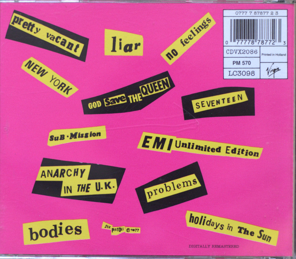 The back cover of the CD release for Sex Pistols album Never Mind The Bolocks, featuring a bright pink background with various black and yellow text labels scattered across it, including 'pretty vacant', 'liar', 'no feelings', and 'NEW YORK'.