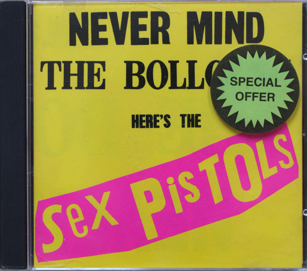 CD cover for 'Never Mind the Bolocks Here's the Sex Pistols' featuring a bright yellow background, bold black text, and a pink diagonal banner with yellow text. A green starburst sticker reading 'SPECIAL OFFER' is on the right side.