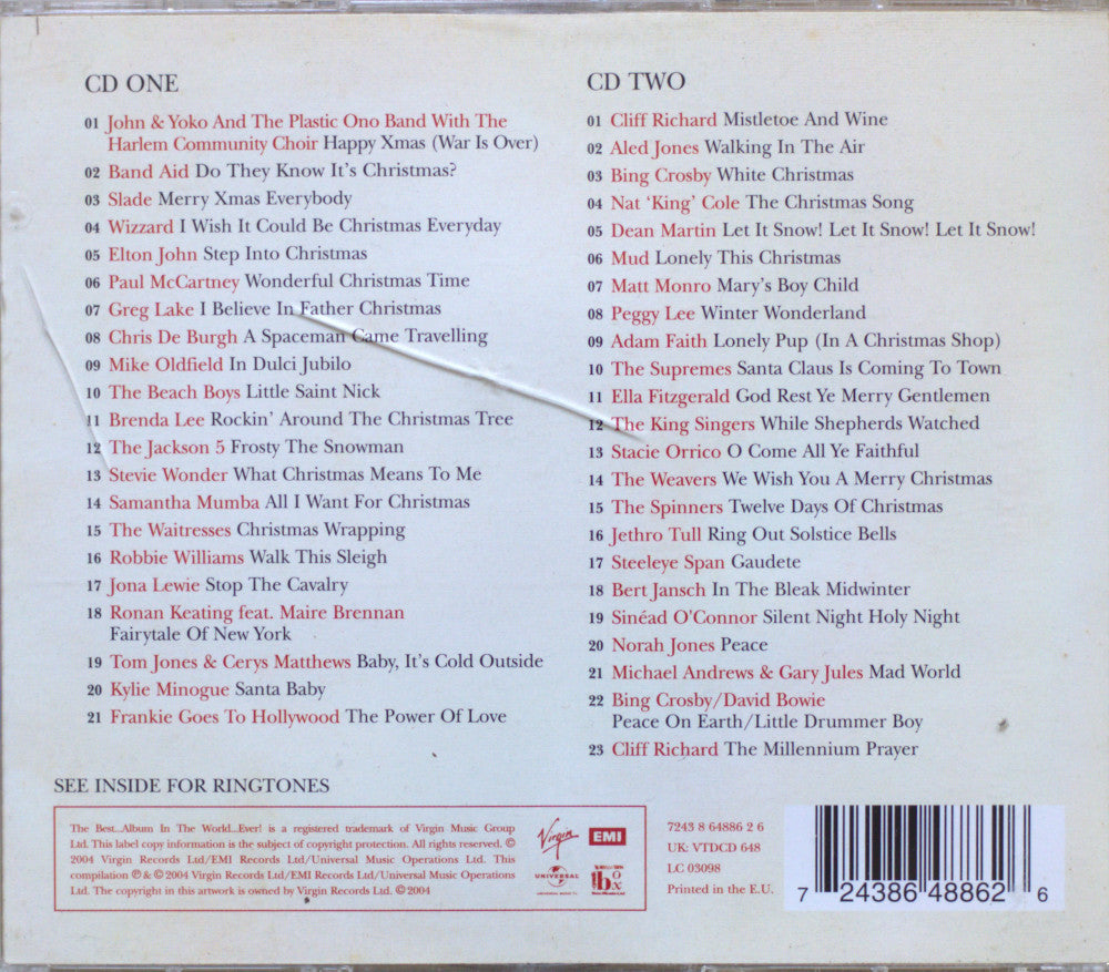 The back cover of a cd record sleeve for 'CD ONE' and 'CD TWO' from the Christmas album 'The Christmas Song' by David Bowie and other artists, showing track listings and a barcode on a white background.