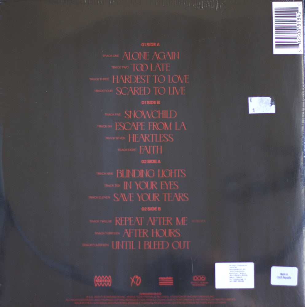 The back cover of a vinyl record sleeve for the band XD, featuring track listings in red text on a black background, with barcode and label logos at the top and bottom.