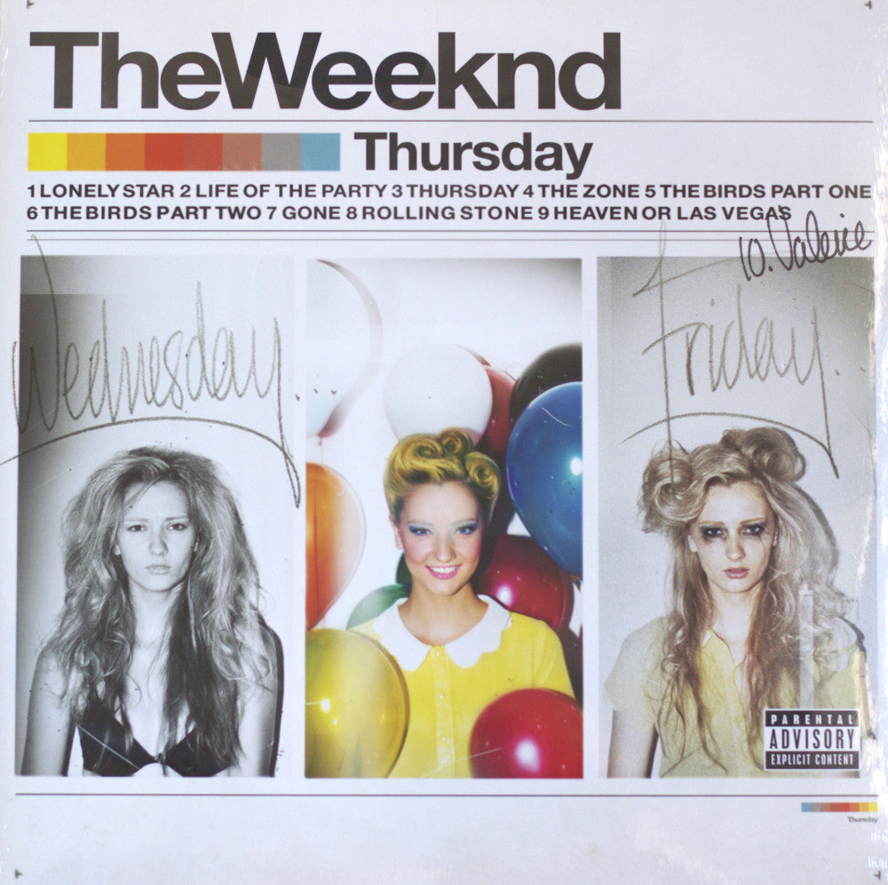 The Weeknd's 'Thursday' 12-inch vinyl single cover, featuring a white background with the album title at the top, a tracklist, and three stylized portrait panels labeled Wednesday, Thursday, and Friday.