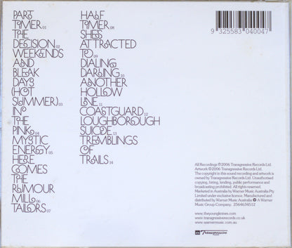 The back cover of a vinyl record sleeve for Transpercations' album 'Half Traver', featuring black printed track listings, a barcode, and copyright details on a white background.