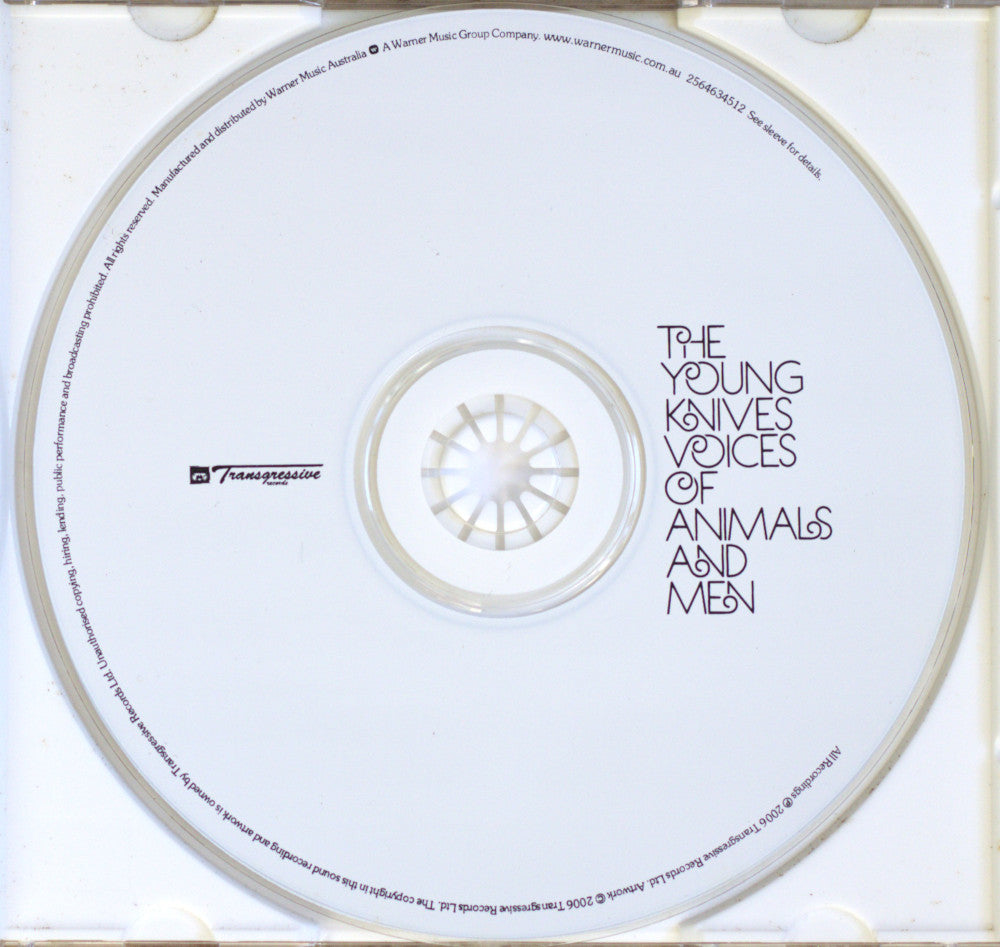 A CD disc inside a transparent jewel case, featuring the album cover text 'THE YOUNG KNIVES VOICES OF ANIMALS AND MEN' and a Transgressive logo.
