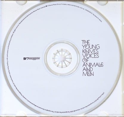A CD disc inside a transparent jewel case, featuring the album cover text 'THE YOUNG KNIVES VOICES OF ANIMALS AND MEN' and a Transgressive logo.