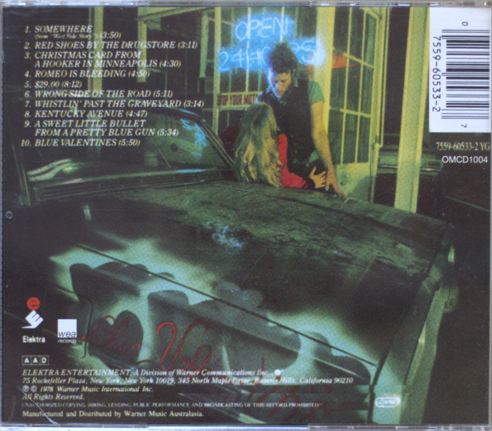 The back cover of the CD album 'Blue Valentine' by Tom Waits, featuring a dark, moody photograph of a person in a car with a neon sign in the background. The tracklist is printed on the left side, and a barcode is on the right.