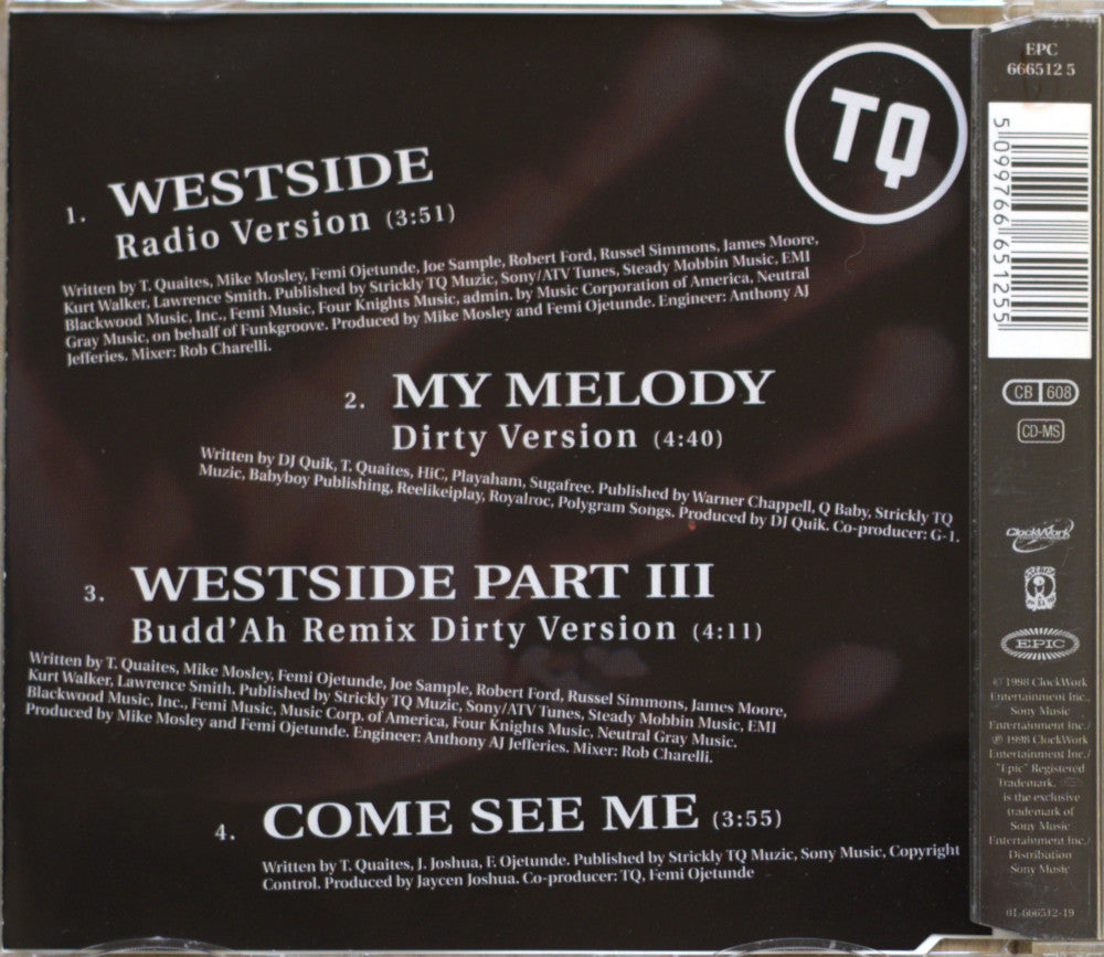 The back cover of a Westside 'Come See Me' CD single, featuring tracklist text on a black background with a white 'TQ' logo in the top right and a barcode spine on the right edge.