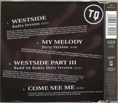 The back cover of a Westside 'Come See Me' CD single, featuring tracklist text on a black background with a white 'TQ' logo in the top right and a barcode spine on the right edge.